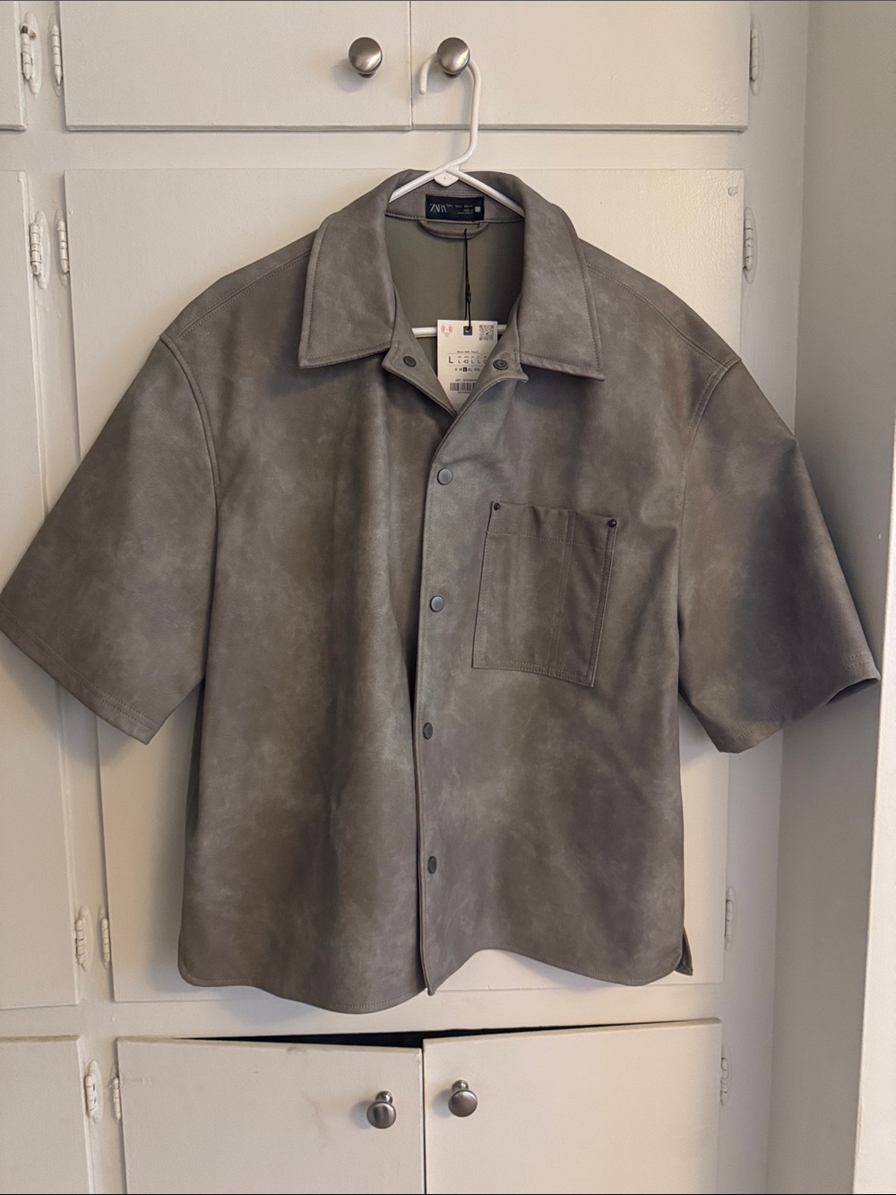 Zara Short-Sleeve Faux Leather Shirt Jacket - Light Gray